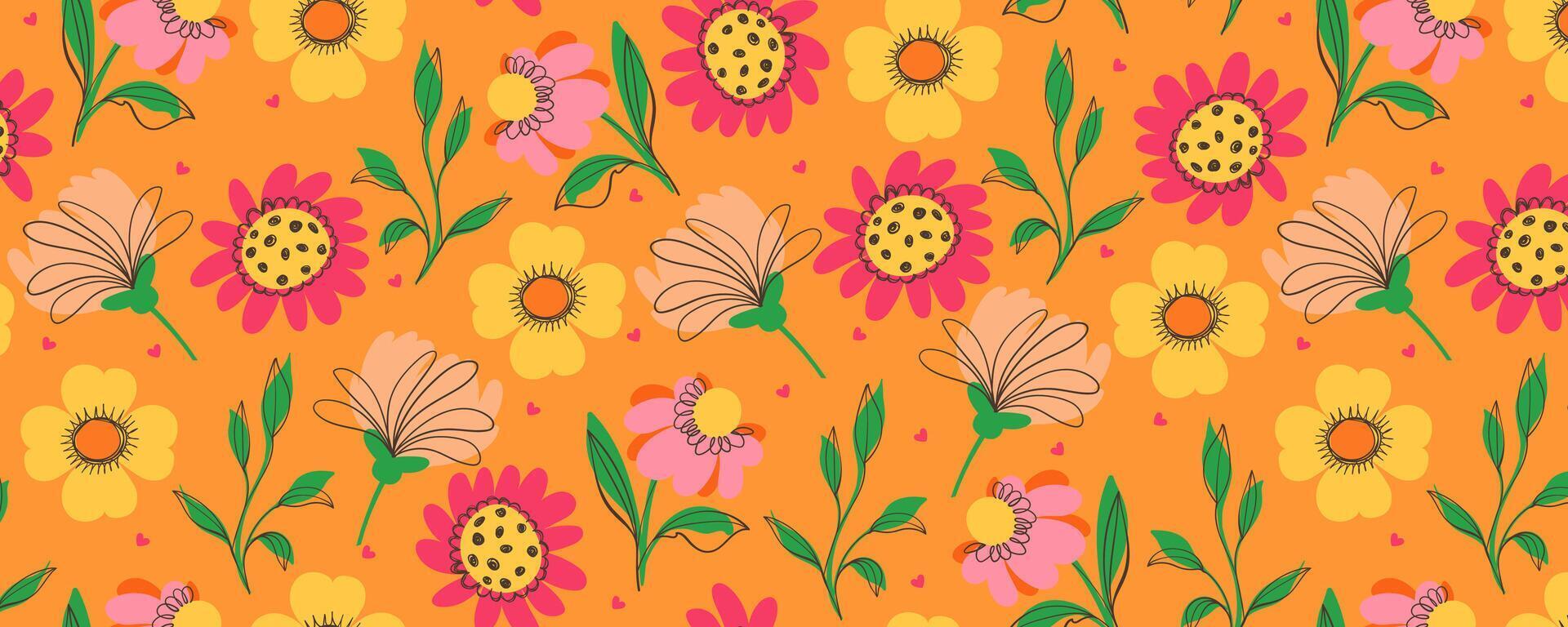 Floral Pattern with Cute Doodle Plants and Leaves. Seamless design with summer and spring florals isolated on orange background. Delicate garden hand drawn design perfect for print, fashion, cards vector
