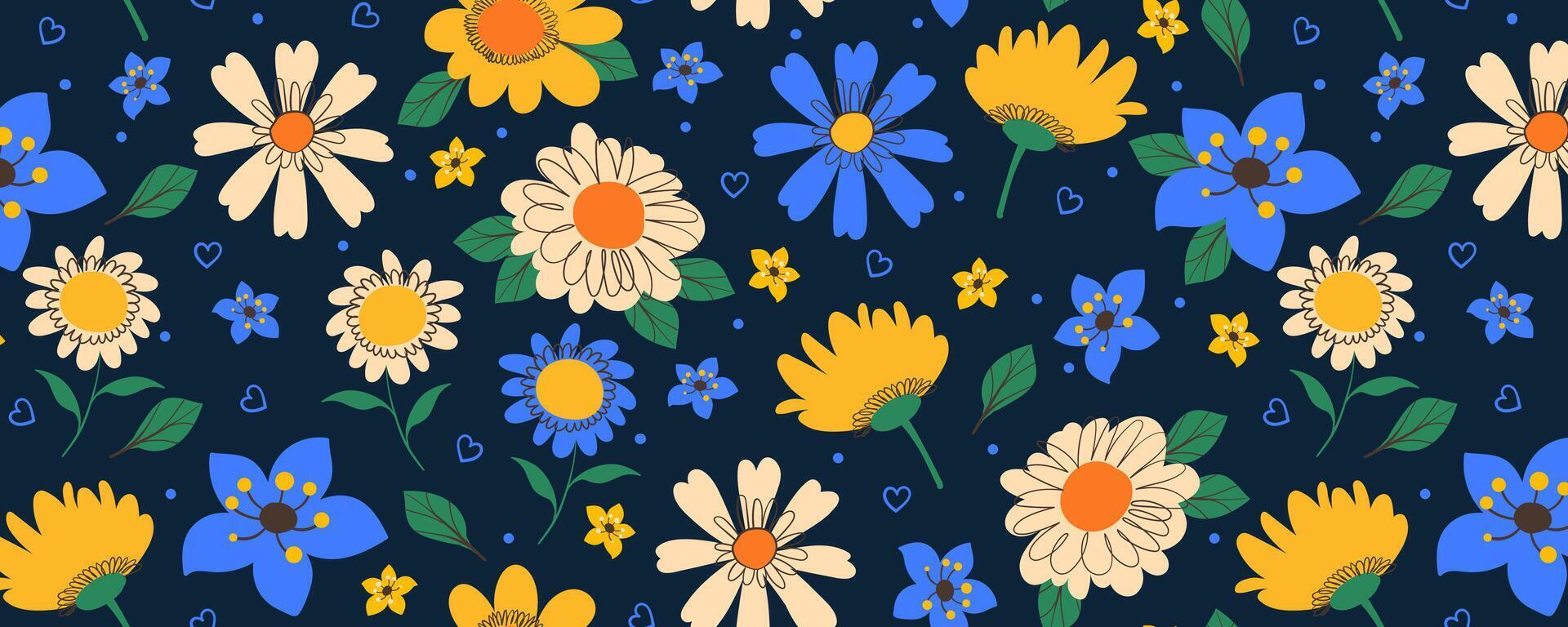 Floral Pattern with Cute Doodle Plants and Leaves. Seamless design with summer and spring florals isolated on blue background. Delicate garden hand drawn design perfect for print, fashion, cards vector