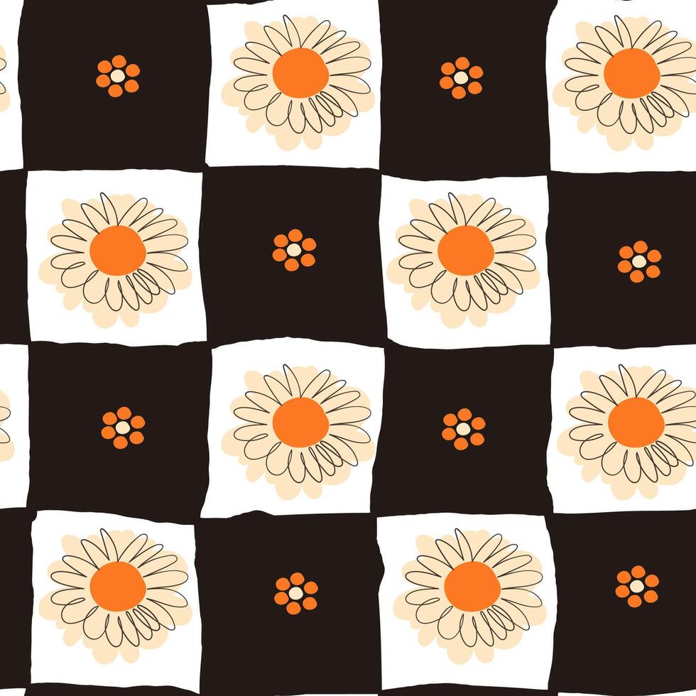 Hand Drawn Floral Seamless Pattern in Doodle Style with Bold Black Squares. Colorful flowers and foliage with cute line sketches of branches isolated on white background. Perfect for invitations vector