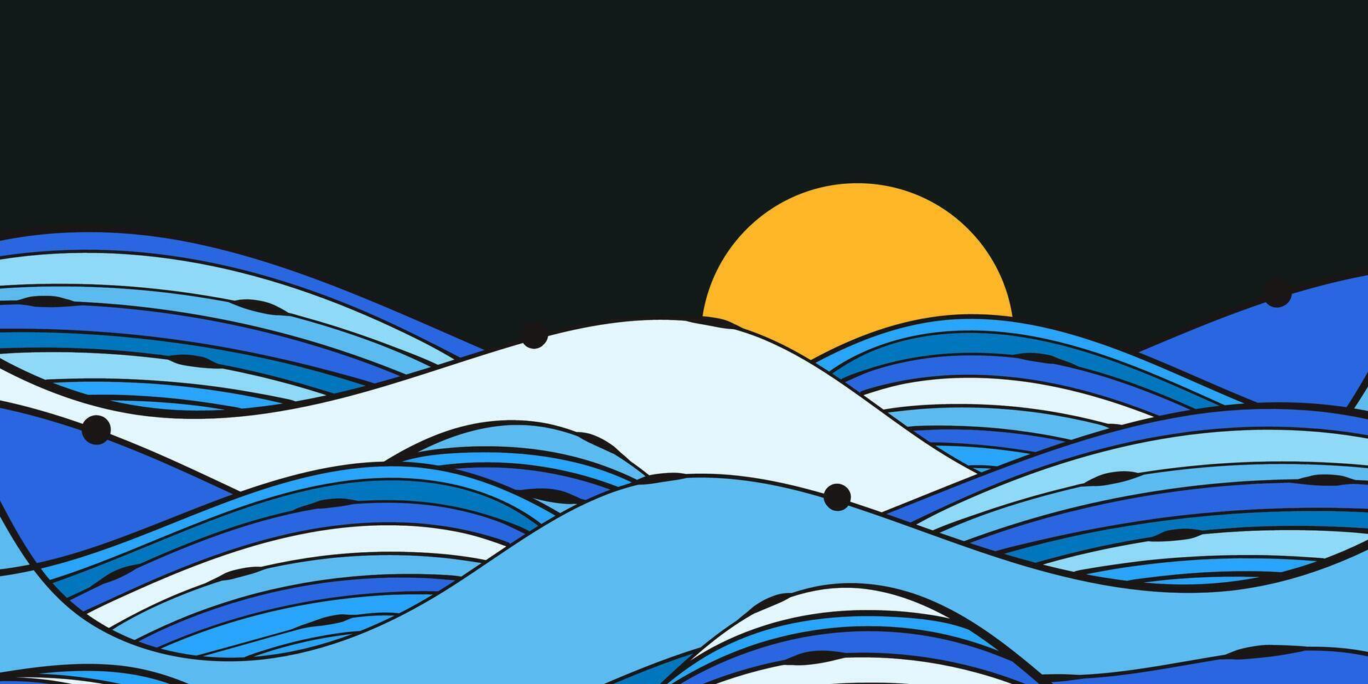 Landscape with Ocean in the Night with Full Moon. Abstract layered wave background. Blue sea landscape. Calming dark sky wallpaper. Modern nature concept design. vector