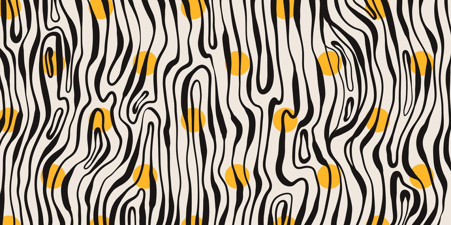 Black and white Modern Wavy Lines. Abstract zebra stripe pattern. Fluid distortion texture with yellow dots. Modern high contrast wallpaper. Optical illusion design. vector