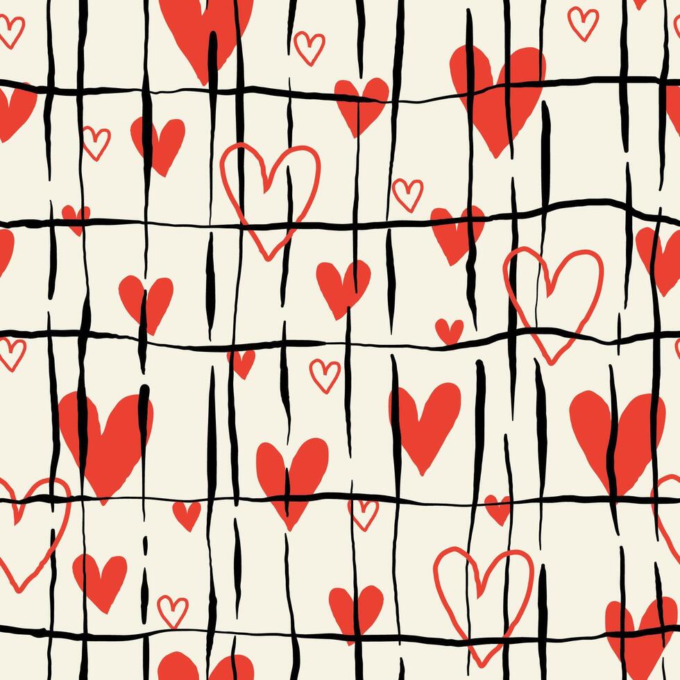 Heart Pattern with Black Line Grid with Red Doodle Hearts in Hand Drawn Style. Romantic love-themed background. Cute valentine illustration. Whimsical sketchy texture. vector