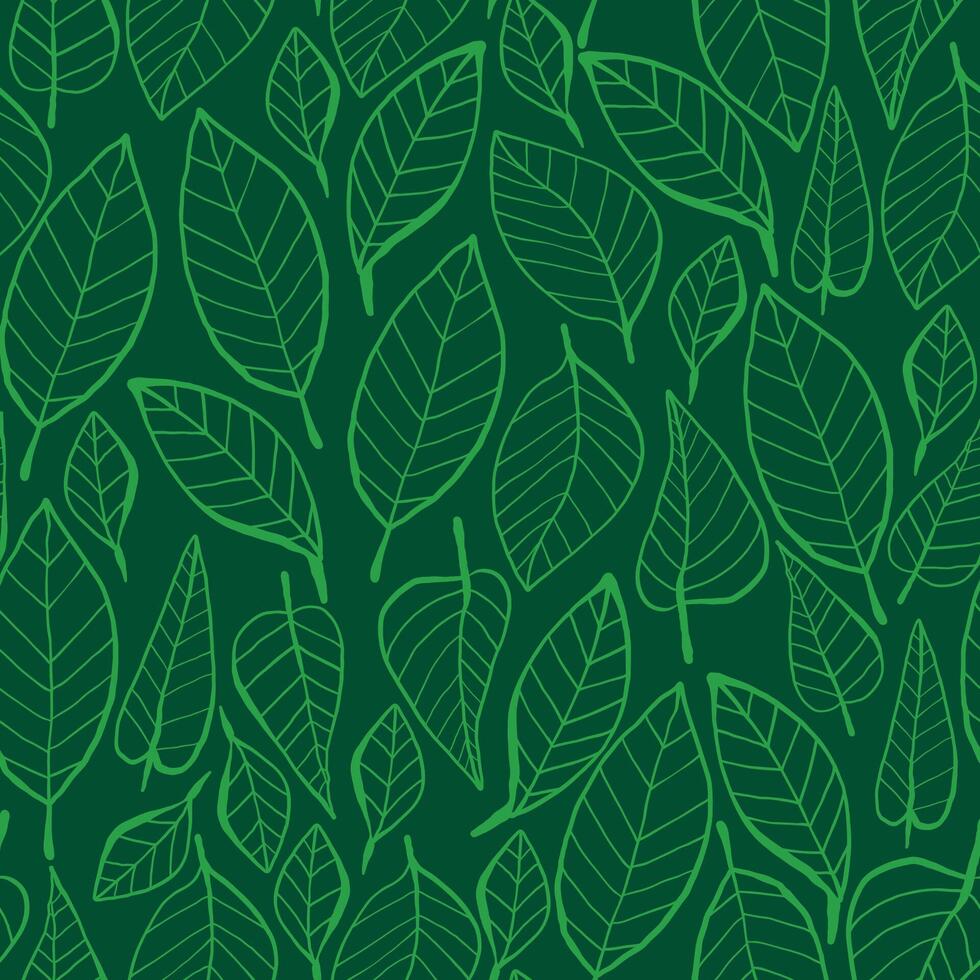 Seamless Green Leaf Pattern in Outline Style. Nature background with hand drawn foliage. Eco line art leaves texture. Simple modern plant wallpaper. vector