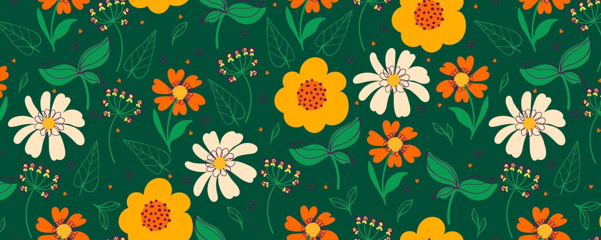 Floral Pattern with Cute Doodle Plants and Leaves. Seamless background with summer and spring florals. Delicate garden hand drawn design perfect for print, fashion, cards, wallpaper, web vector