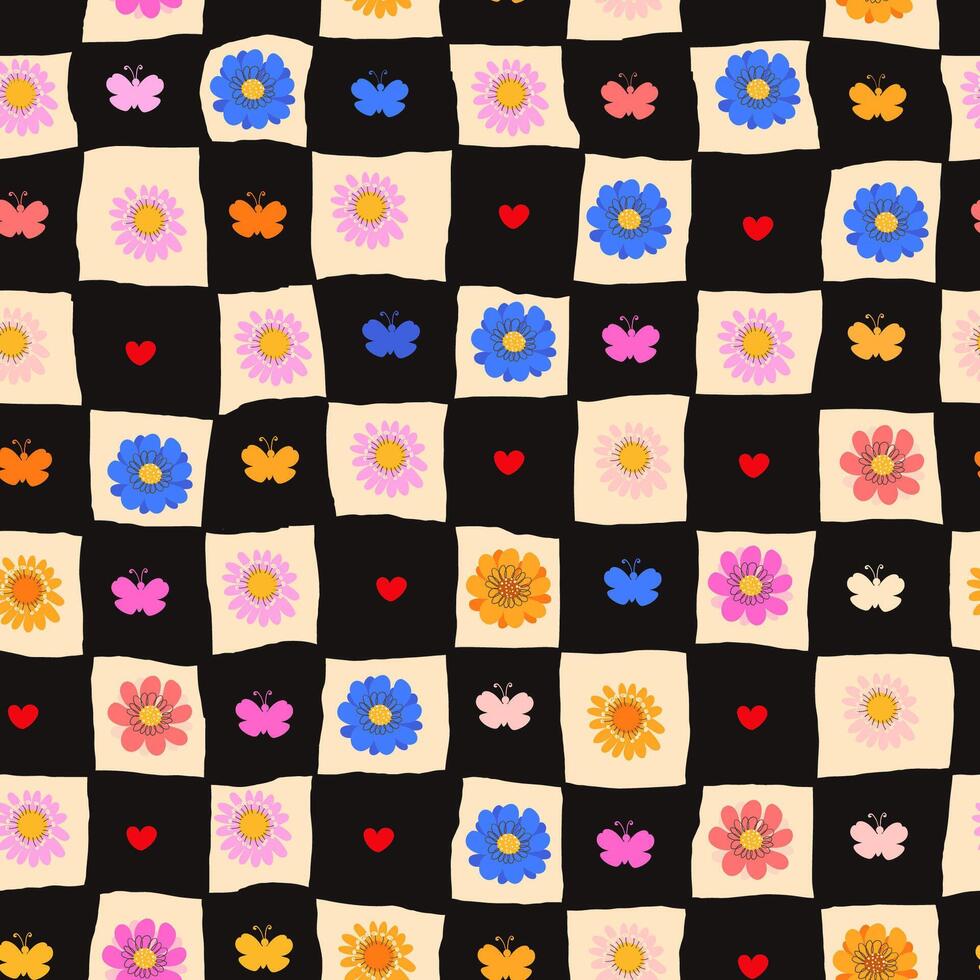 Playful Doodle Floral Seamless Pattern. Colorful flowers and foliage with cute line sketches of branches isolated on plaid background. Perfect for invitations, wrapping paper, cards, posters, holidays vector