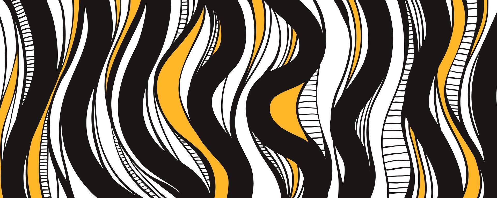Black and White Abstract Lines. Curvy wavy pattern. Bold monochrome texture with yellow accents. Modern liquid flow design. Psychedelic background. vector