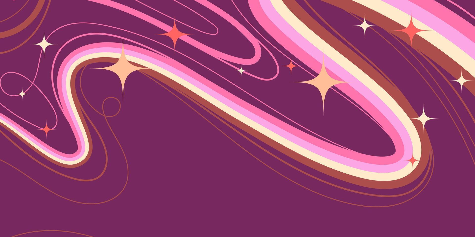 Fluid Colorful Lines and Sparkling Stars on Dark Pink Background. Retro hand drawn swirls with vibrant movement. Perfect for cards, posters, flyers, web, banners vector