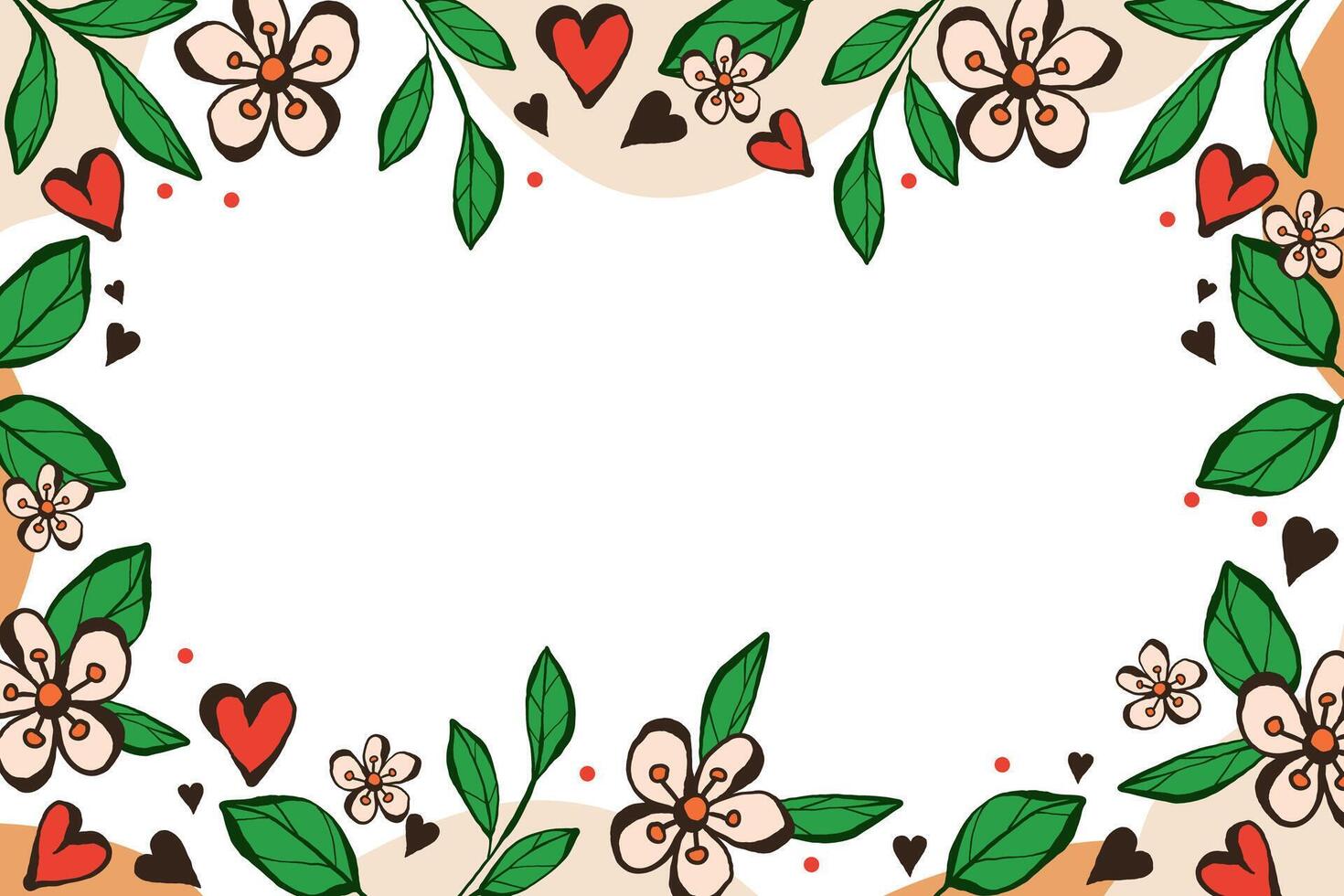 Floral Frame with Hearts and Leaves on White Background. Cute doodle design. Romantic botanical border. Childlike wedding or Valentine art. vector