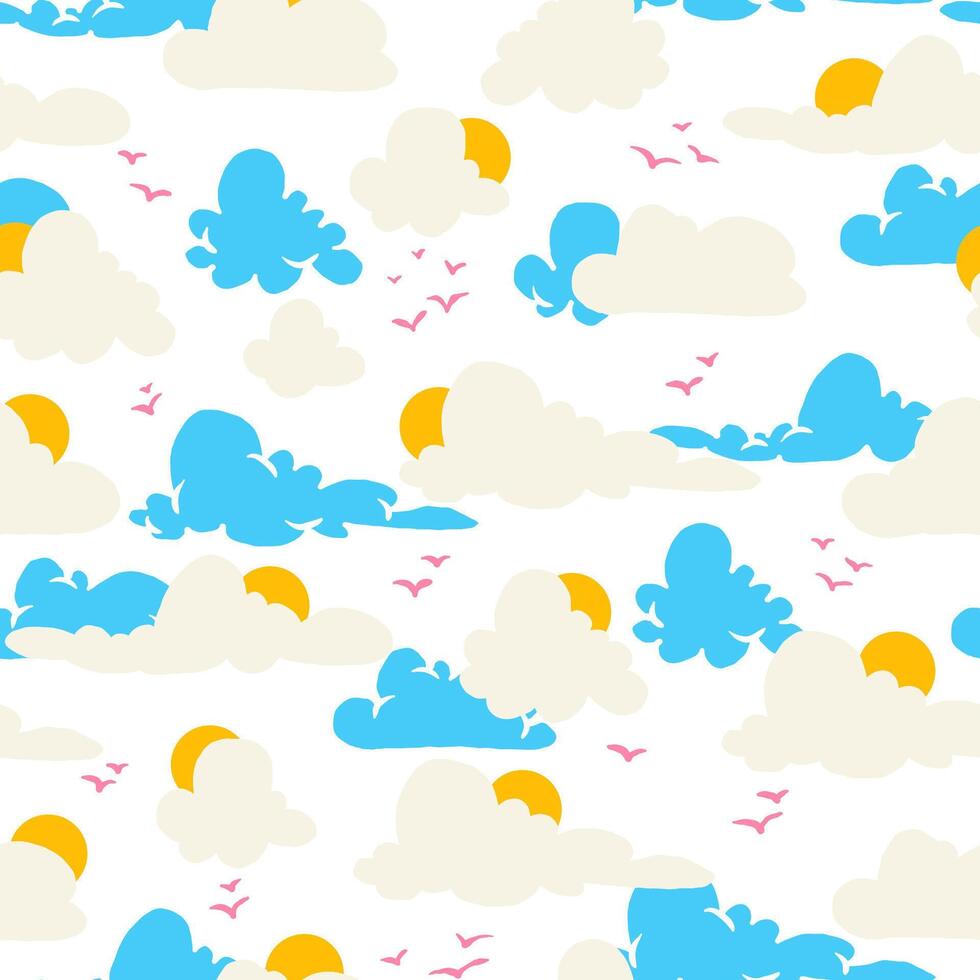 Sun and Clouds Seamless Pattern with Flying Birds in Blue Sky. Whimsical kids theme. Cartoon style sky elements. Cute pastel cloud background. vector