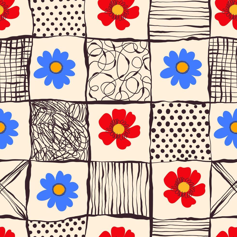 Playful Floral Seamless Pattern in Doodle Style with Black Lines. Colorful flowers and foliage with cute line sketches of branches isolated on white background. Perfect for invitations, wrapping paper vector
