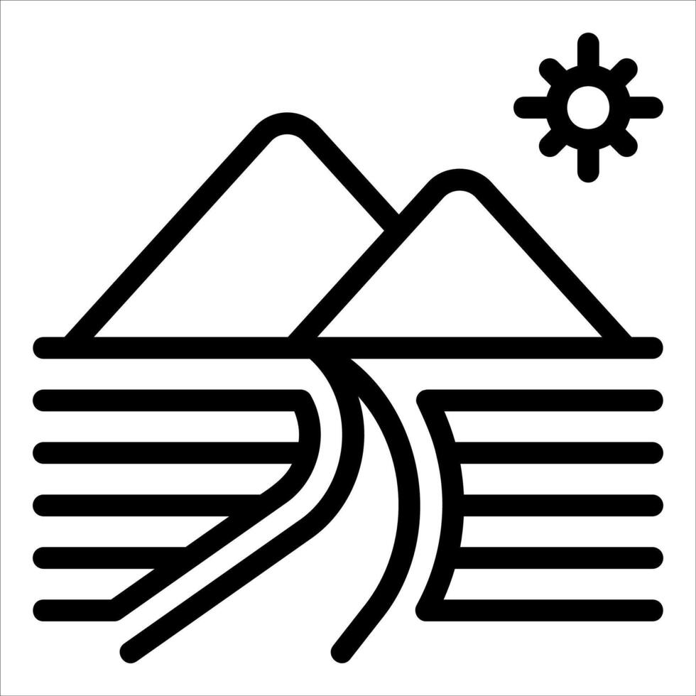 A black and white line icon of a mountain and road vector