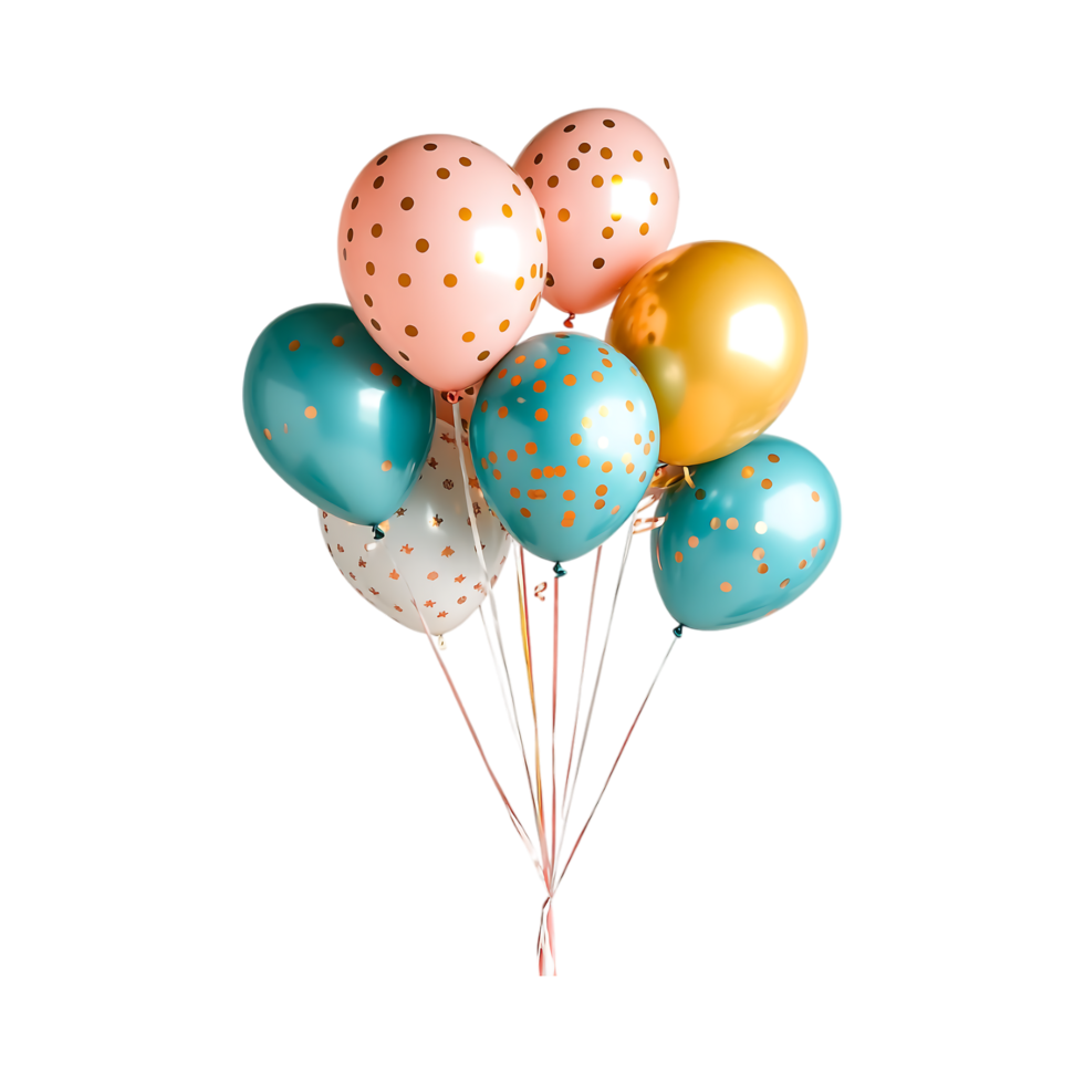 Bunch of Turquoise, Rose Gold, and White Balloons with Confetti Against Transparent Background png