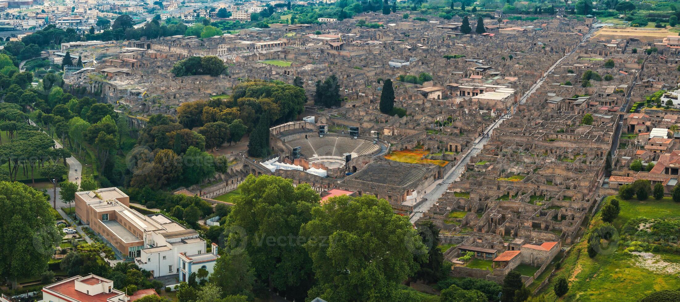 Aerial View of Ancient Ruins of Pompeii with Amphitheater in Italy photo