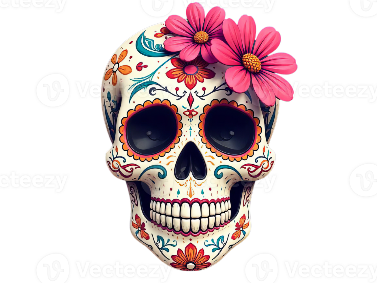 Decorated Skull with Flowers for Day of the Dead Illustration png