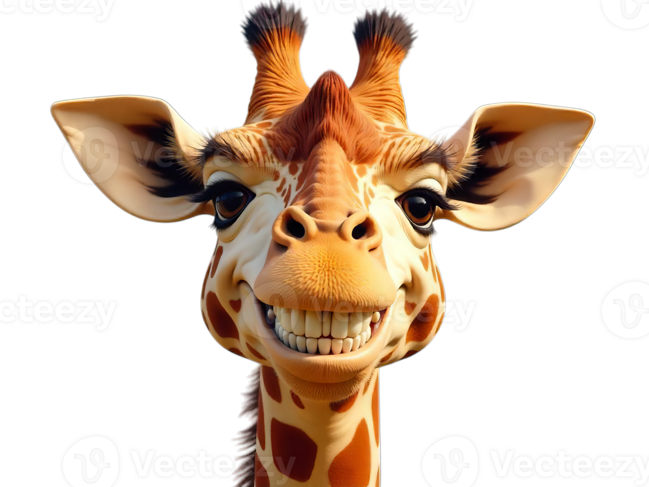 Smiling Giraffe Head Close-Up with Large Teeth on Transparent Background png
