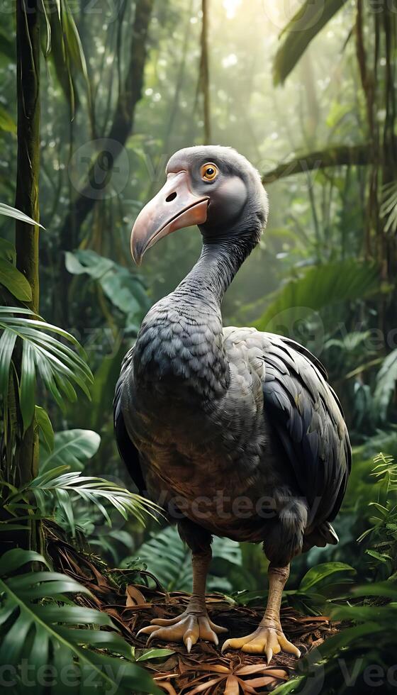 Majestic Dodo Bird Standing Tall in Lush Green Tropical Jungle photo