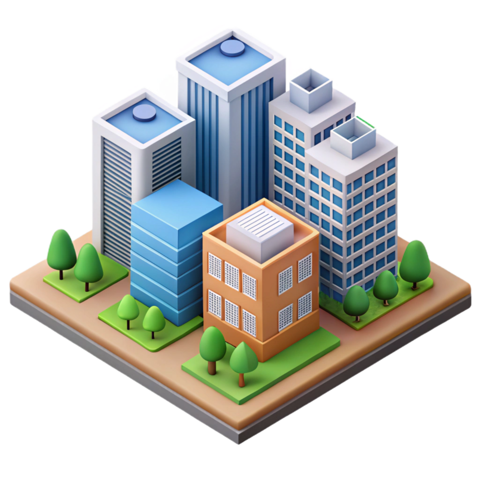 notable minimalist Isometric city block with simplified buildings. Flat color, clean lines with Scalable Design. detailed png