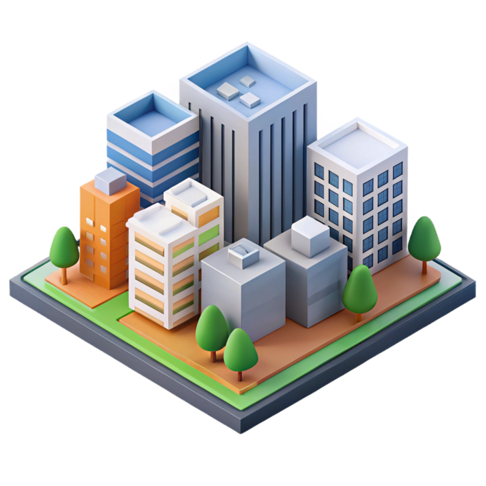 unforgettable minimalist Isometric city block with simplified buildings. Flat color, clean lines with Scalable Design. refined png