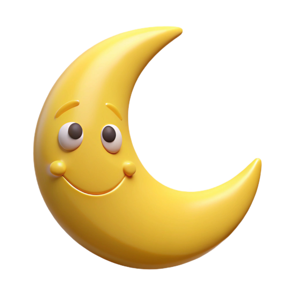 exquisite nostalgic contemporary Smiling crescent moon character with pointed tips. Clean lines, flat yellow color with Scalable Design. crisp png