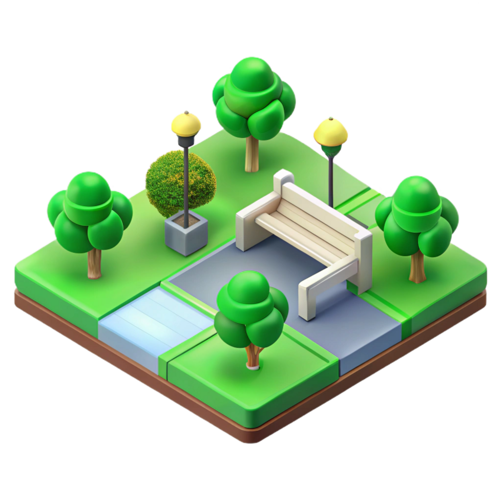 whimsical vibrant Isometric park, green, clean lines, with Scalable Design. elite png