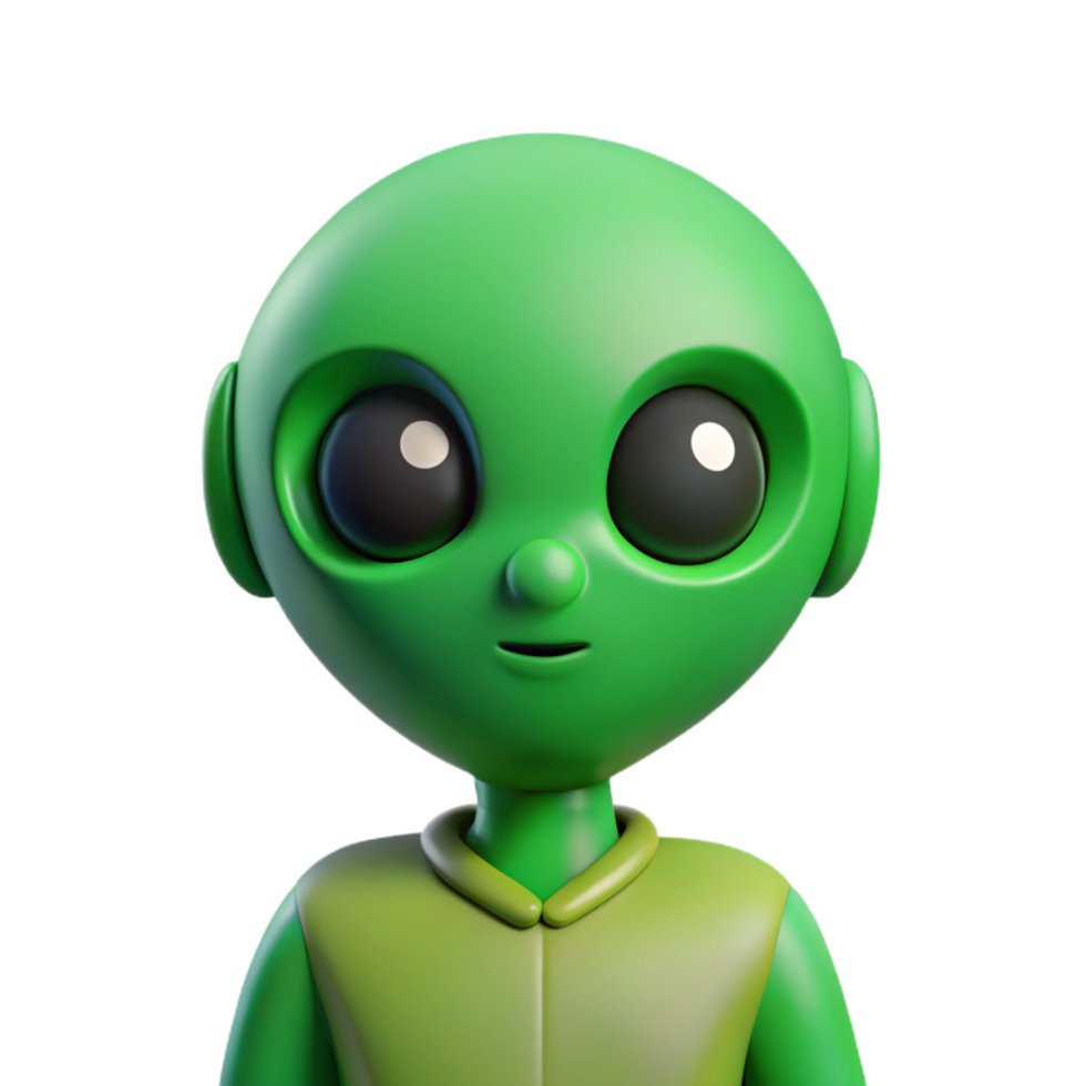 hypnotic exceptional Alien character with a large head and small body. Minimal design, green flat color with Scalable Design. png
