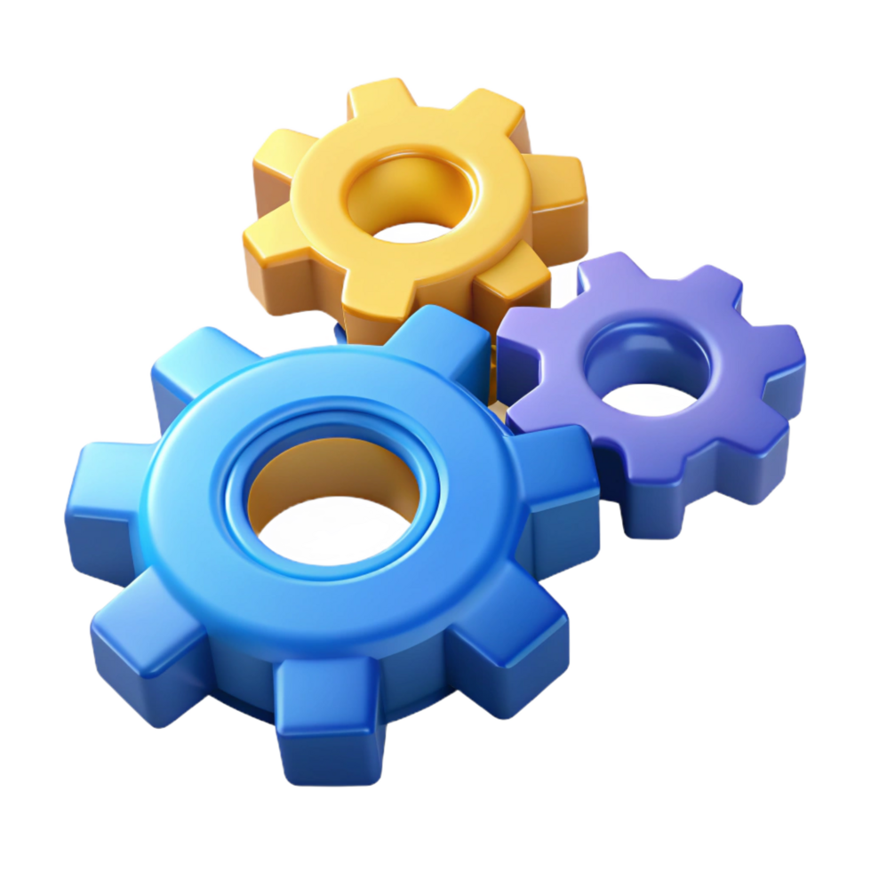 dramatic distinctive Isometric set of gears with solid colors. Crisp edges, clean lines with Scalable Design. png
