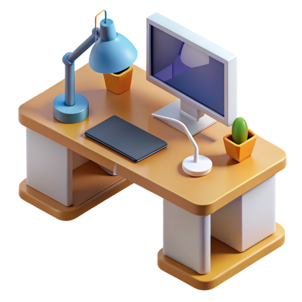 exquisite peaceful victorian Isometric desk with a lamp and computer. Clean lines, minimal design with Scalable Design. professional png