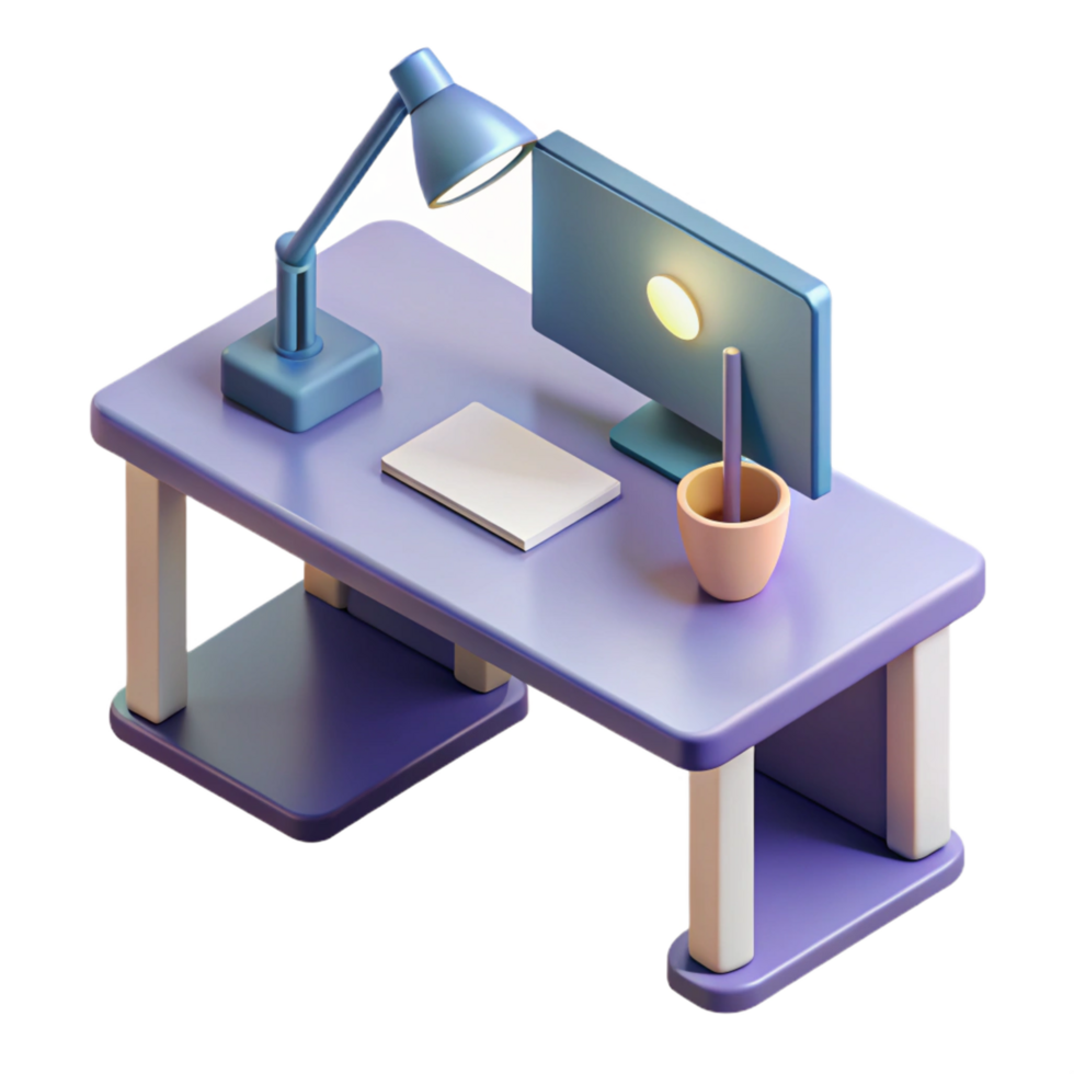 beautiful industrial Isometric desk with a lamp and computer. Clean lines, minimal design with Scalable Design. top-tier png