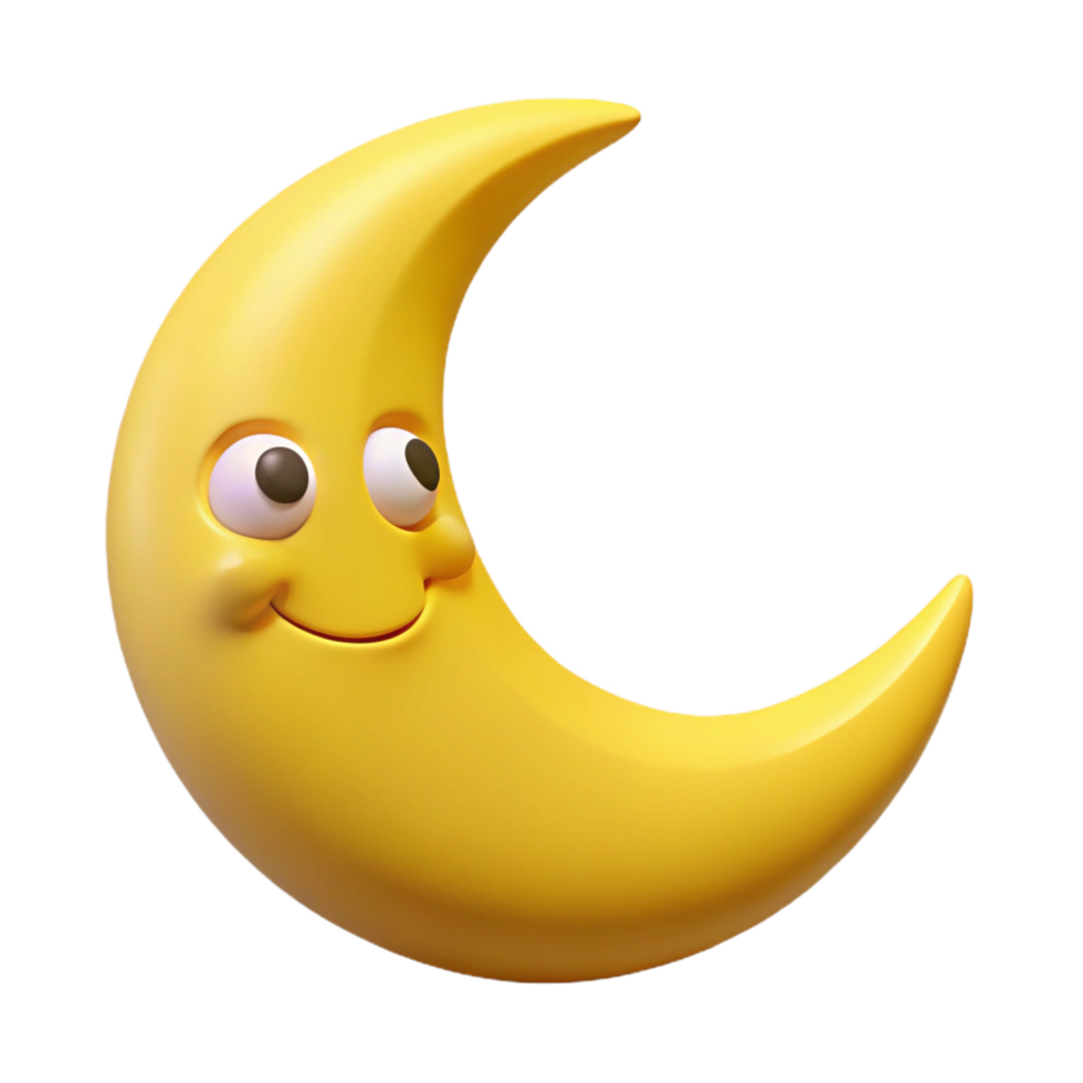 beautiful exemplary Smiling crescent moon character with pointed tips. Clean lines, flat yellow color with Scalable Design. png