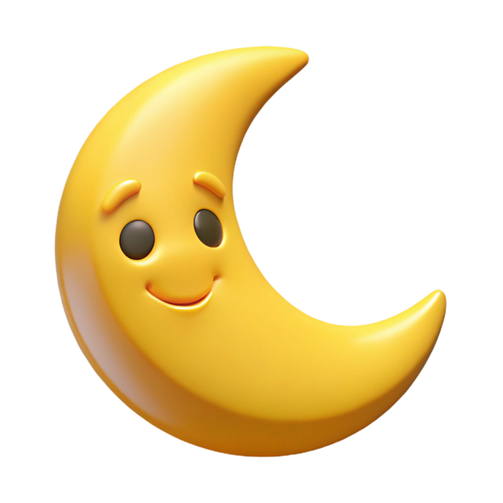 distinguished mid-century Smiling crescent moon character with pointed tips. Clean lines, flat yellow color with Scalable Design. masterfully captured png