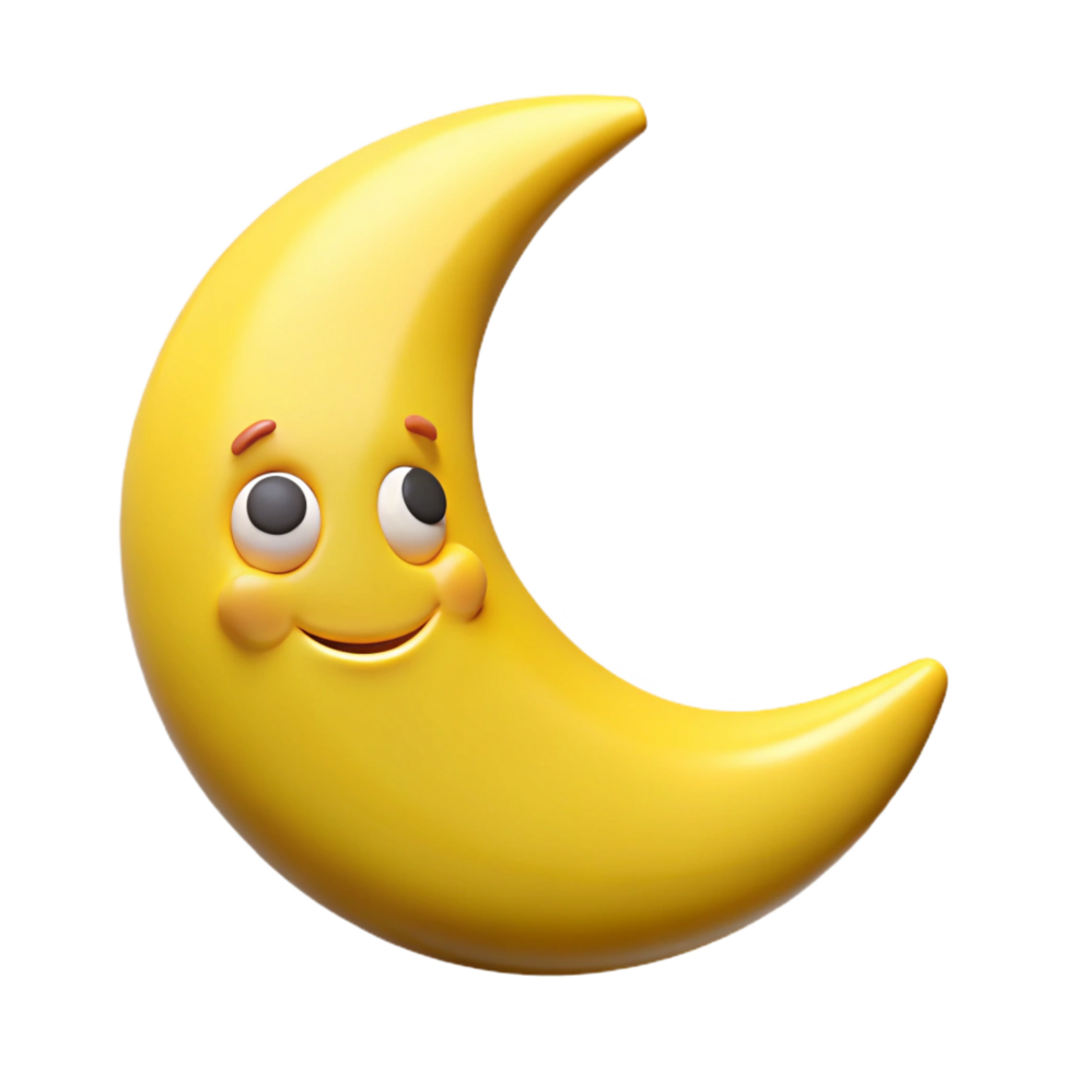 serene impressionist Smiling crescent moon character with pointed tips. Clean lines, flat yellow color with Scalable Design. detailed png