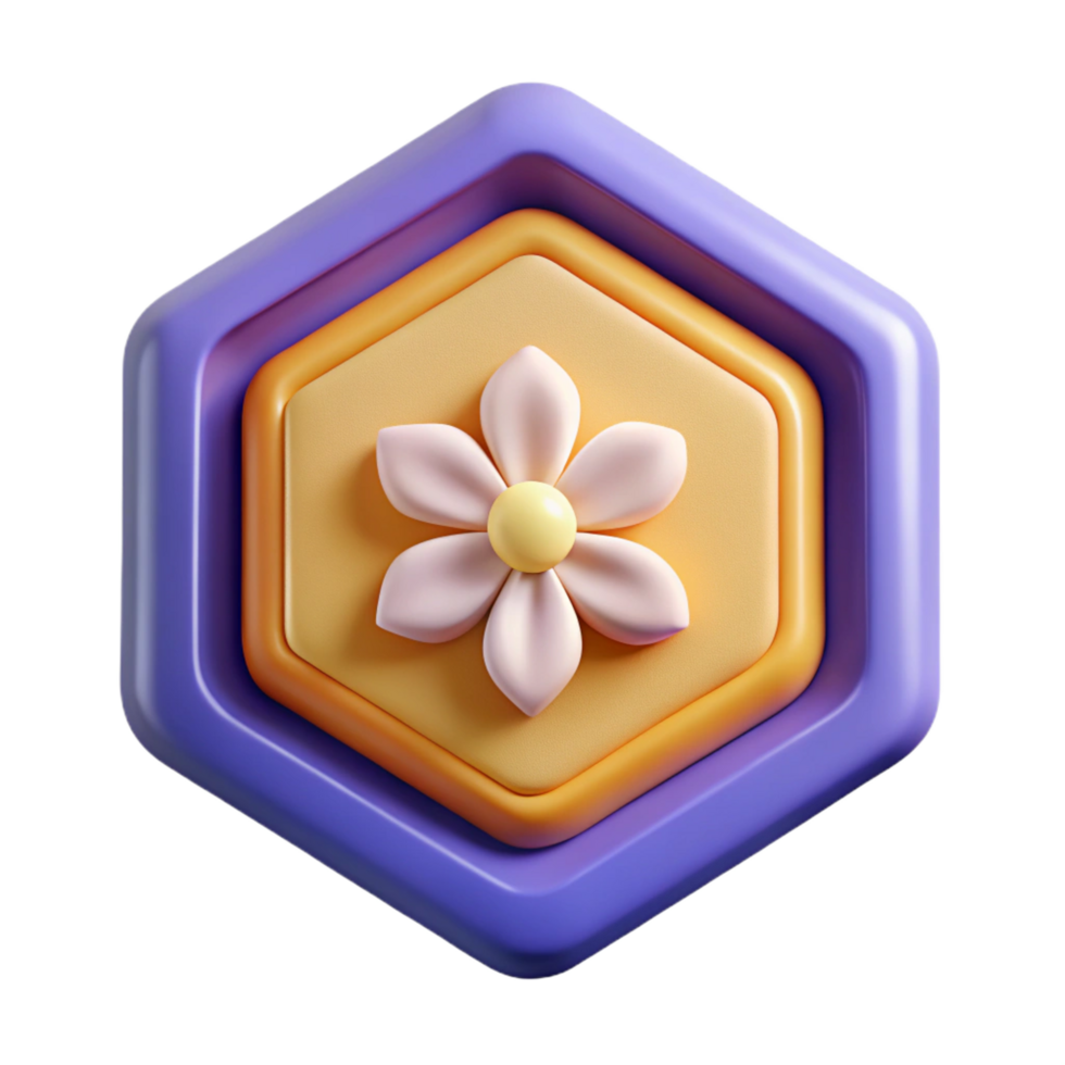 deslumbrante se destacarem hexagonal crachá com uma simples flor ícone. fresco arestas, peso único AVC, com escalável Projeto. png