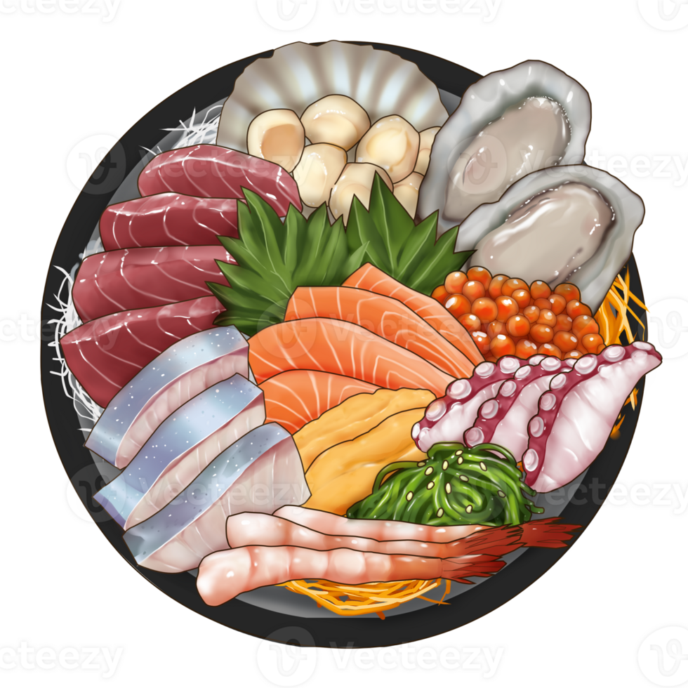 Semi real illustration japanese sashimi set watercolor illustrarion png