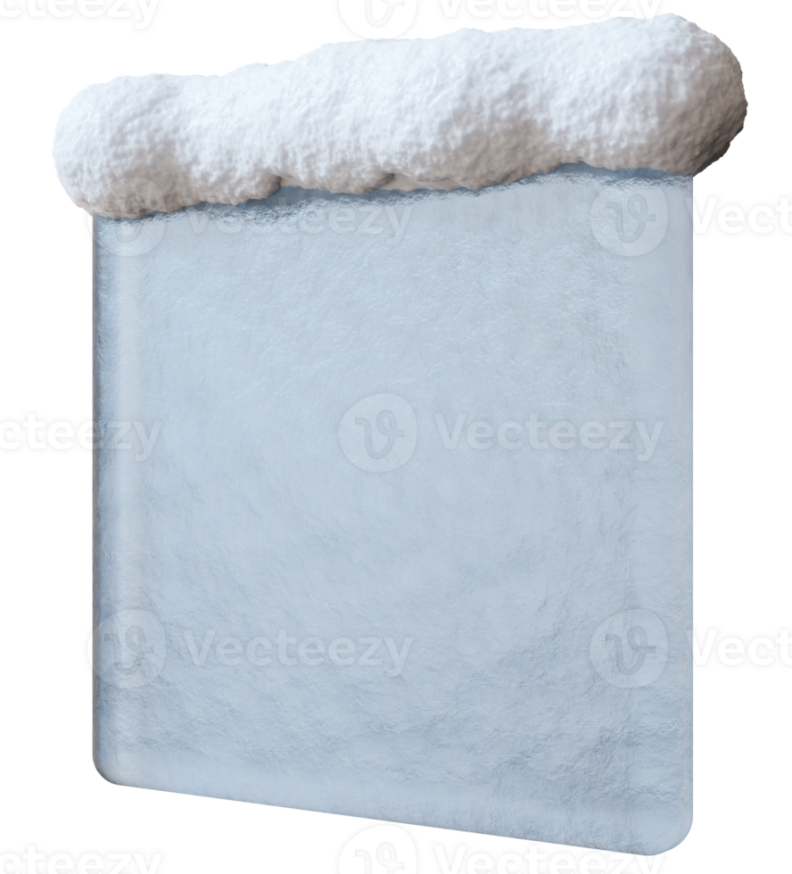 A clear, three-dimensional square banner is designed for advertisements, topped with a realistic snow cap. It features transparent background, emphasizing its blank space ideal for text png
