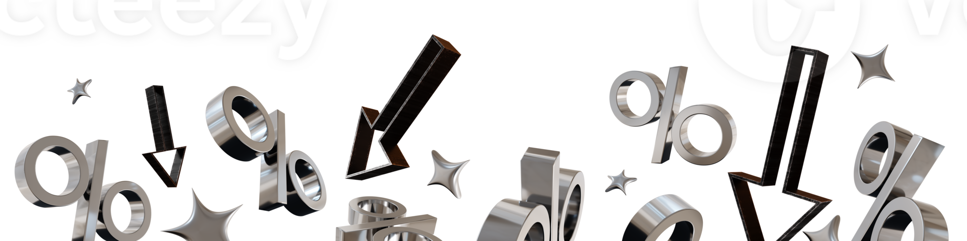A 3D rendered footer features multiple discount signs and arrows in a dynamic arrangement, emphasizing a sale theme, isolated on transparent background. This design captures attention effectively. png