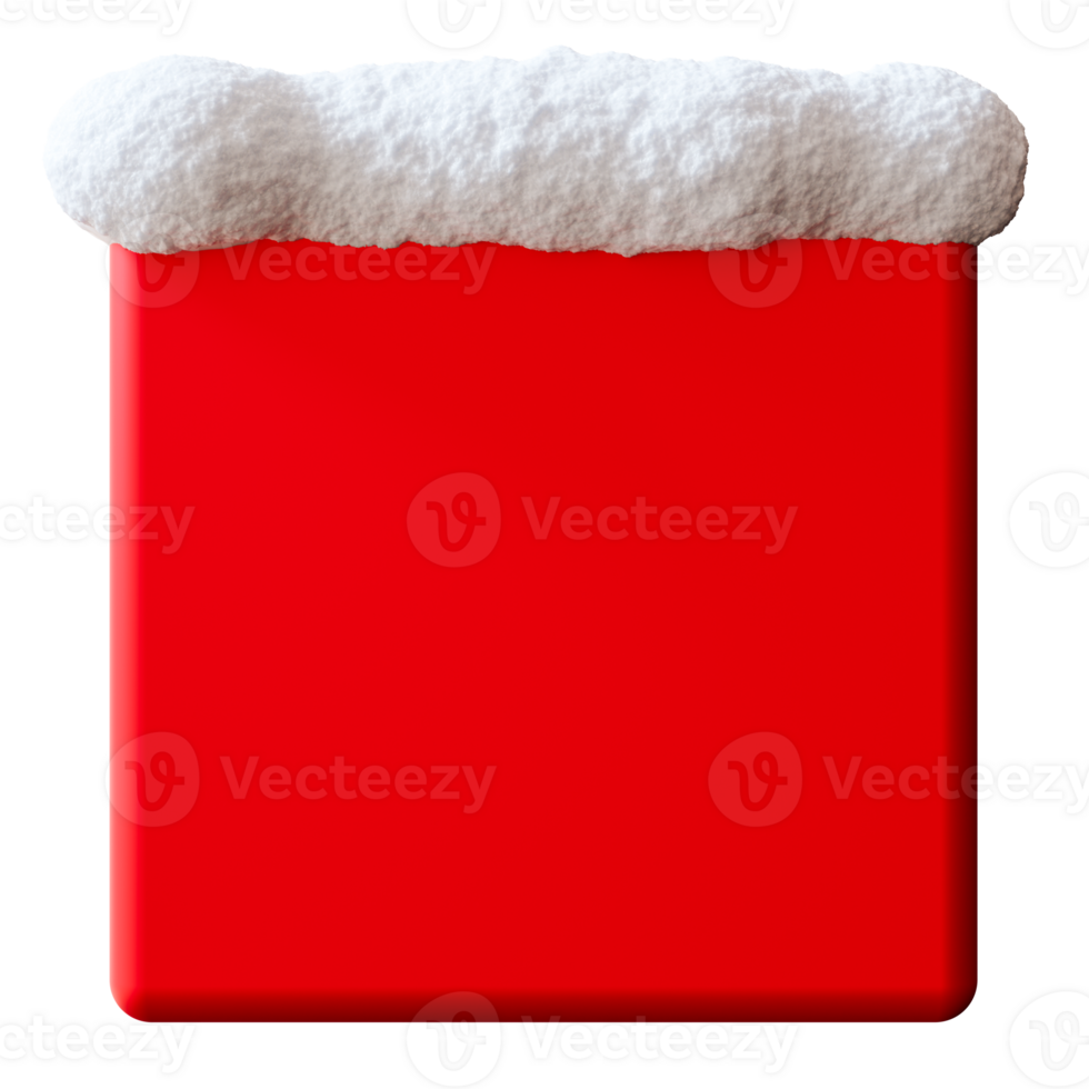 Bright red square banner adorned with a fluffy snow cap rests isolated on transparent background. This three dimensional render offers space for various advertising text and promotional content png