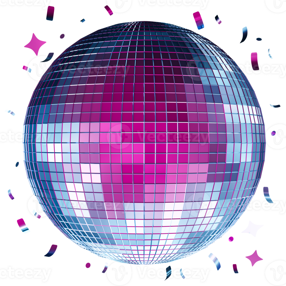 The neon-colored disco ball sparkles with reflections as vibrant confetti surrounds it, creating an exciting festive atmosphere perfect for any celebratory event. Isolated on transparent background. png