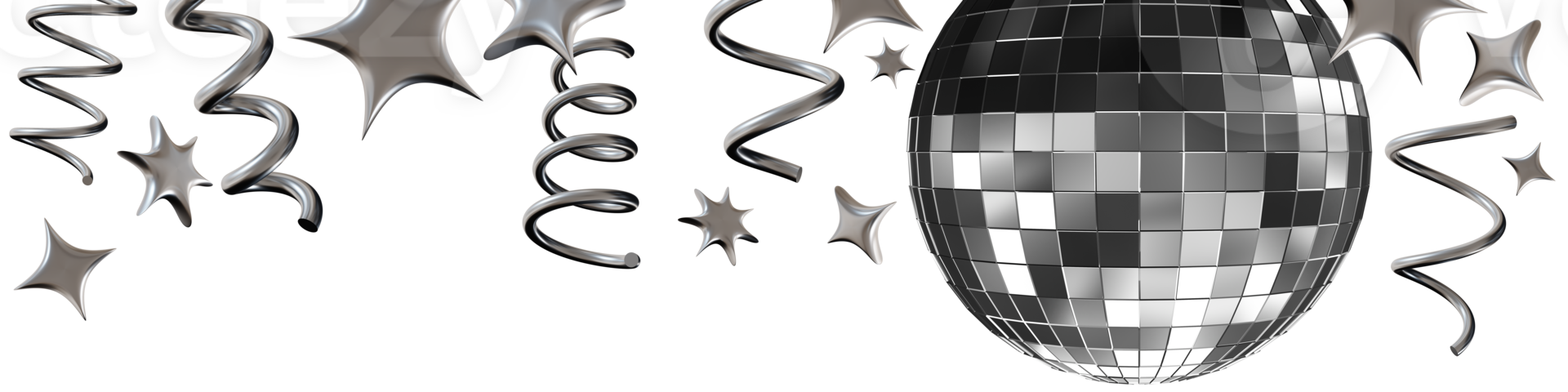 Bright chrome disco ball shines among floating stars and spirals, creating an energetic ambiance perfect for parties or special events. Header, wide top element, border. 3D rendering. Y2k style. png