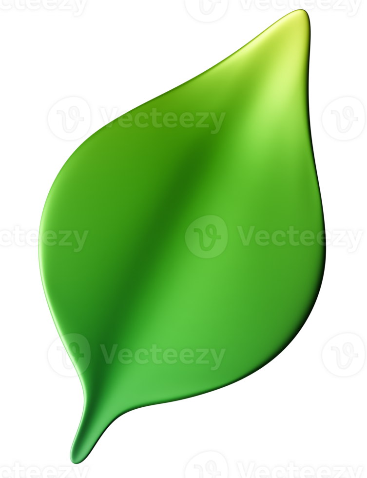 3D green leaf illustration with glossy, organic look, isolated on transparent background. Perfect for eco-friendly, botanical designs, nature themes. 3D render png