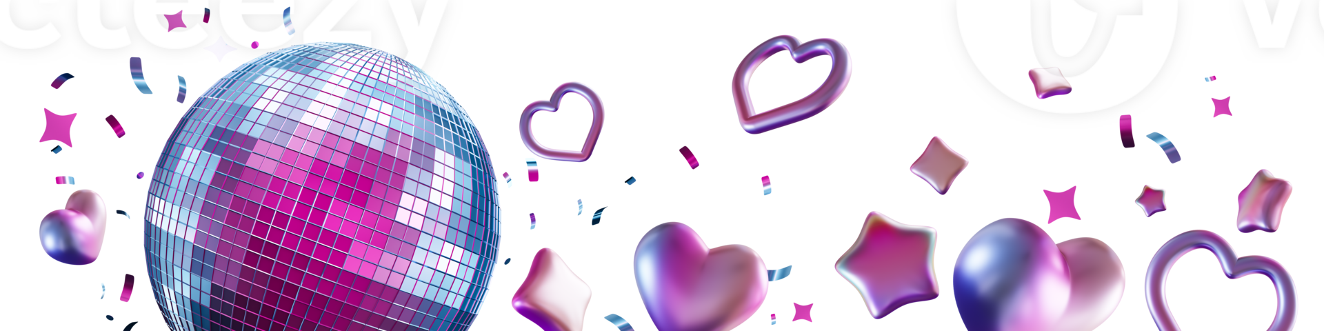Vibrant footer showcases an iridescent disco ball surrounded by playful confetti, hearts and stars. Perfect for celebratory themes or party decorations. Wide bottom element, border. png