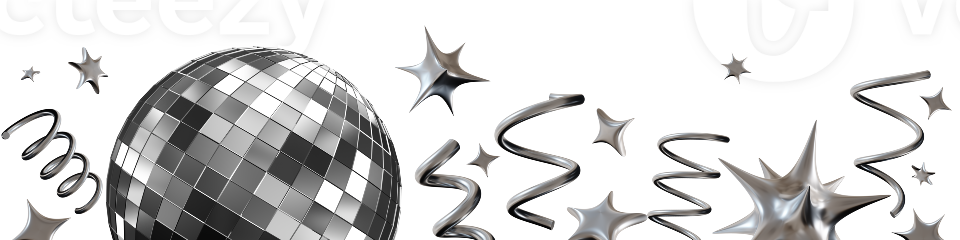 Stunning chrome disco ball surrounded by shiny stars and chrome ribbons, isolated on transparent background, creating vibrant and energetic vibe suitable for celebrations and events. Footer png