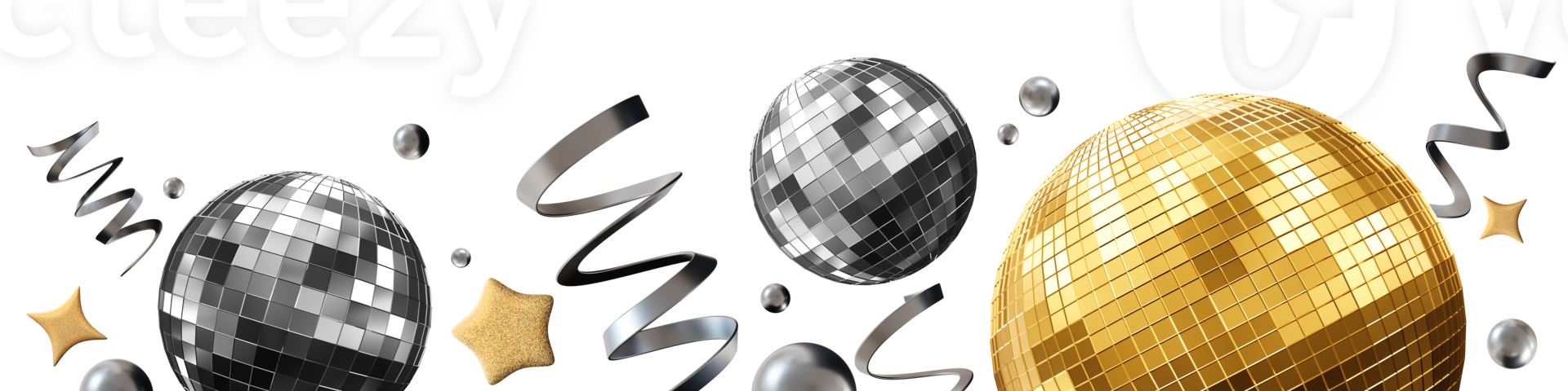 A vibrant footer features silver and golden disco balls alongside sparkling stars and metallic ribbons, creating a festive look perfect for celebrations and parties. Bottom element, border. 3D render. png