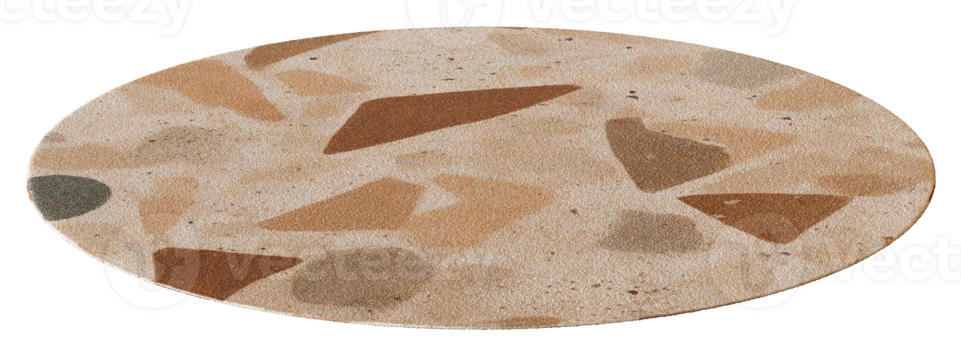 Round 3D carpet features patterned design with various abstract shapes in earthy tones, suitable for enhancing living spaces in modern interior projects. Front view, rug on transparent background. png