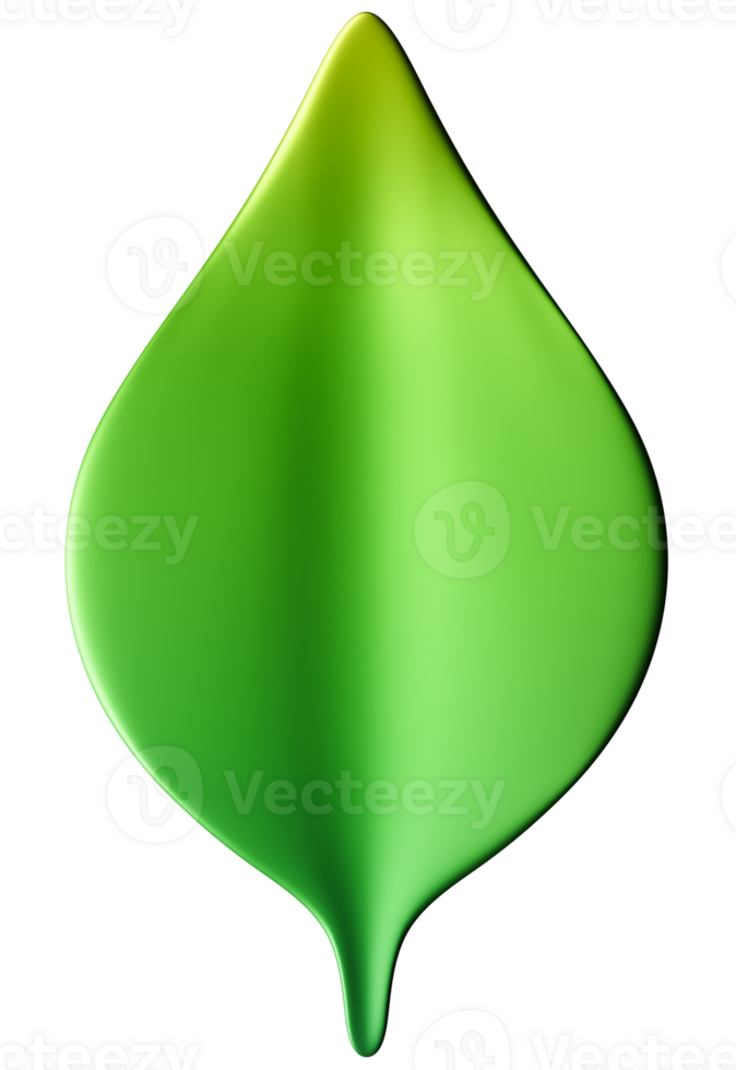 3D green leaf illustration with glossy, organic look, isolated on transparent background. Perfect for eco-friendly, botanical designs, nature themes, wellness projects. png