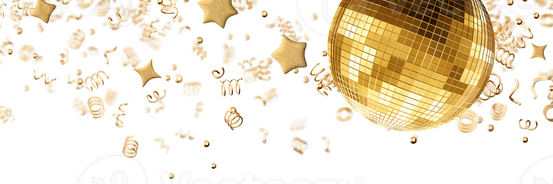 Stunning golden disco ball captures light while colorful confetti swirls around it, isolated on transparent background. This display evokes joy and excitement perfect for party settings. Header png