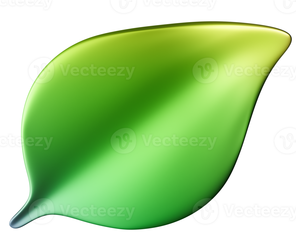 3D green leaf illustration with glossy, organic look, isolated on transparent background. Perfect for eco-friendly, botanical designs, nature themes, environmental or wellness projects. 3D rendering png