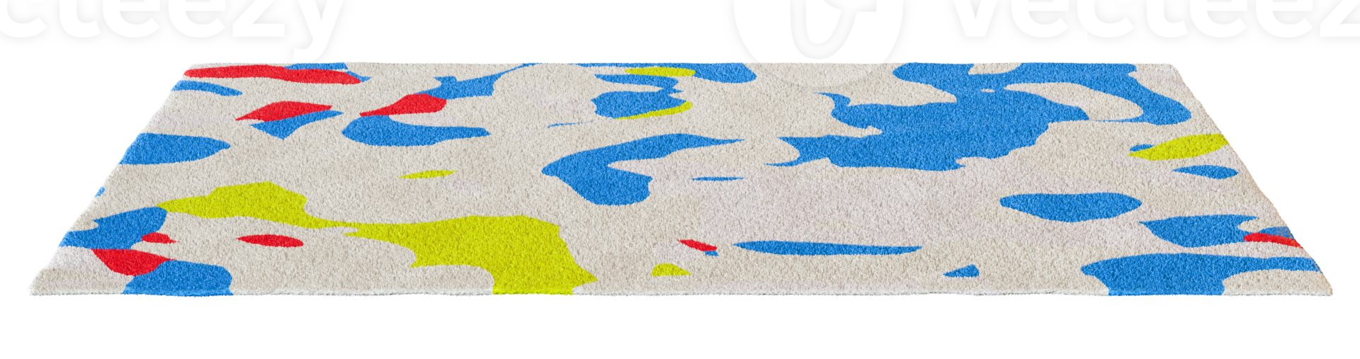 This vibrant 3D carpet features abstract design with bold colors like blue, red and yellow, ideal for elevating contemporary living spaces. Its unique patterns enhance any rooms aesthetic. Front view. png
