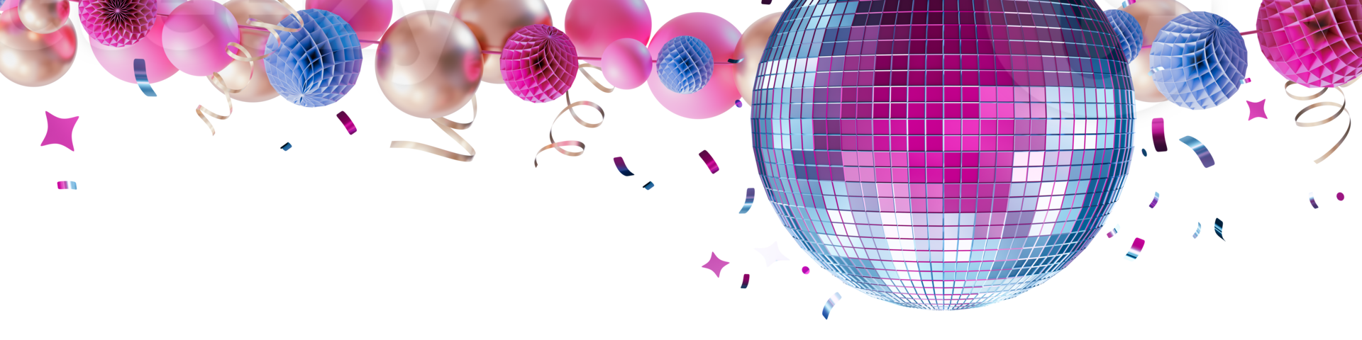 Colorful header composition showcases iridescent disco ball adorned with vibrant garland and confetti, perfect for festive occasions and celebrations. Top border, wide panoramic design element. 3D. png