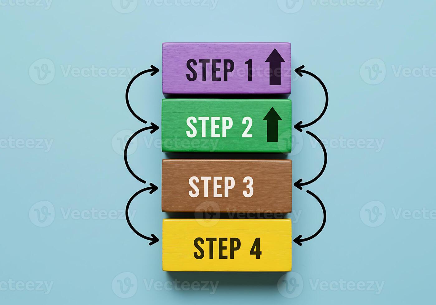 Colorful blocks with arrows pointing to step 1, step 2 and step 3 photo