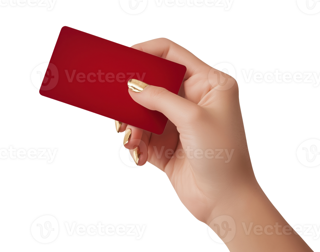 Female hand with blank red gift card isolated on a transparent background png